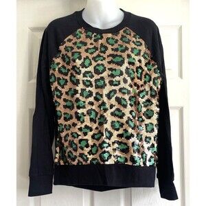 Michael Kors Sequin Leopard Print Sweater Small Black Green Gold Small Top Bling